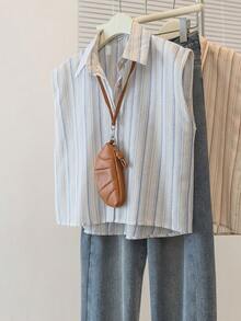 YUXIN 女士休闲条纹宽松短袖衬衫，夏季新款 - 藍色 - 查看 3