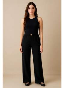 pantalon palazzo corte recto cintura elastico tejido acanalado comodo versatil  casual de moda - Negro - Ver 1