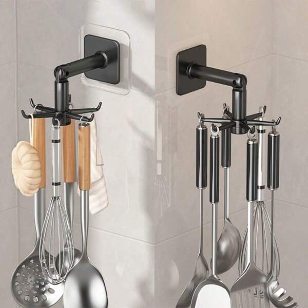 2pcs 360 Degree Rotating Multifunctional Kitchen Storage Hooks, 6 Hooks For Utensils, Spoons, Spatulas, No Drilling Required, Hooks For Kitchen, Bathroom, Bedroom, Home Storage