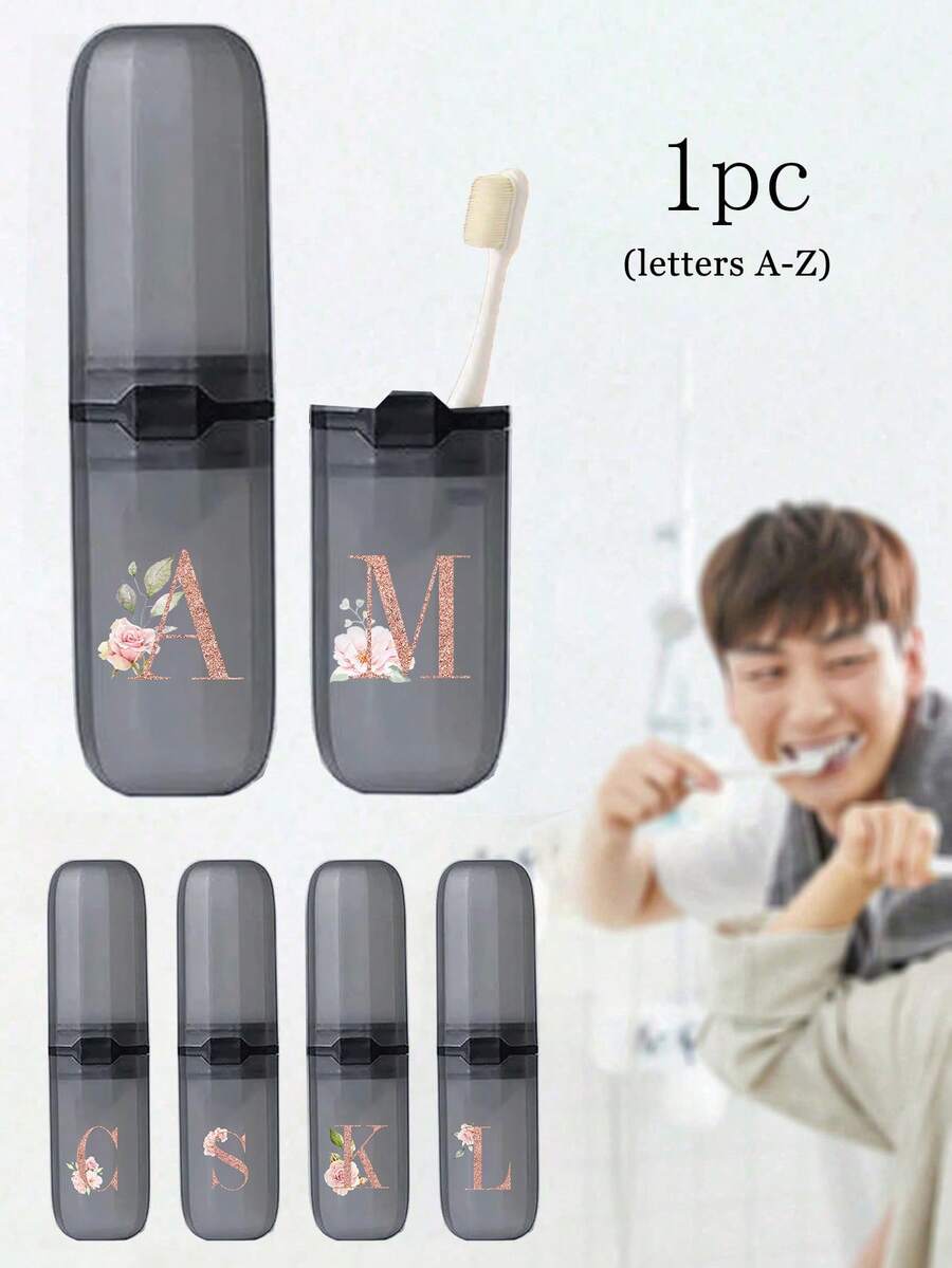1pc Personalized Letter - & - Flower Toothbrush Case, A - Z Initials Customizable Travel Organizer, Keep Your Toothbrush Clean And Anytime, Anywhere! Travel Toothbrush Holder, Portable Toothbrush Cup Cover, Suitable For Travel, Camping, Business Travel And School, Multi-Purpose Toothbrush Cup,Hygienic Storage For Toothbrushes/Oral Care, Must - Have For Travel Enthusiasts & Personalized Style Lovers,Back To School,College Essentials - Black - View 1