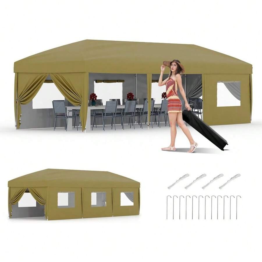 mteryoing 10x30 Pop Up Canopy With 8 Sidewalls - Heavy Duty Outdoor Canopy Tent With Portable Roller Bag - 3 Adjustable Height, 8 Weight Bags, 8 Stakes & 6 Guy Ropes Included For Camping, Parties - 卡其色 - 查看 1