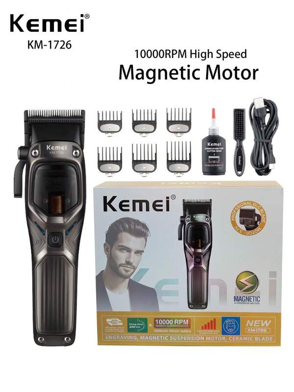 Kemei KM-1726 New Professional Barber Hair Clipper Magnetic Motor Salon Use Haircut For Men 10000RPM High Speed Hair Cuttting Machine Adjustable High Quality Salon Clipper 12W Strong Power Hair Clipper Gift For Men Birthday