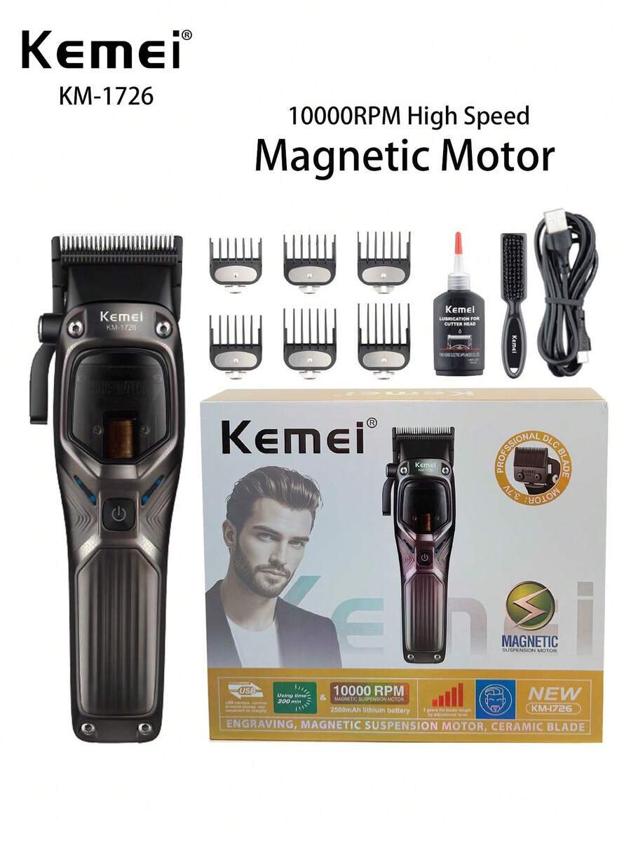 Kemei KM-1726 New Professional Barber Hair Clipper Magnetic Motor Salon Use Haircut For Men 10000RPM High Speed Hair Cuttting Machine Adjustable High Quality Salon Clipper 12W Strong Power Hair Clipper Gift For Men Birthday