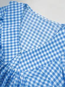 Plus Size Blue & White Plaid A-Line Mini Skirt, Ruffle Trim Detail, Deep V-Neck, Flared Sleeves, Woven Fabric, Pleated Ruffle Hem, Perfect For Picnics - Blue and White Checkered - View 10