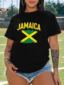 Flag JAMAICA  Women's Plus Size Sports Short Sleeve Casual T-Shirt - 黑色 - 查看 1