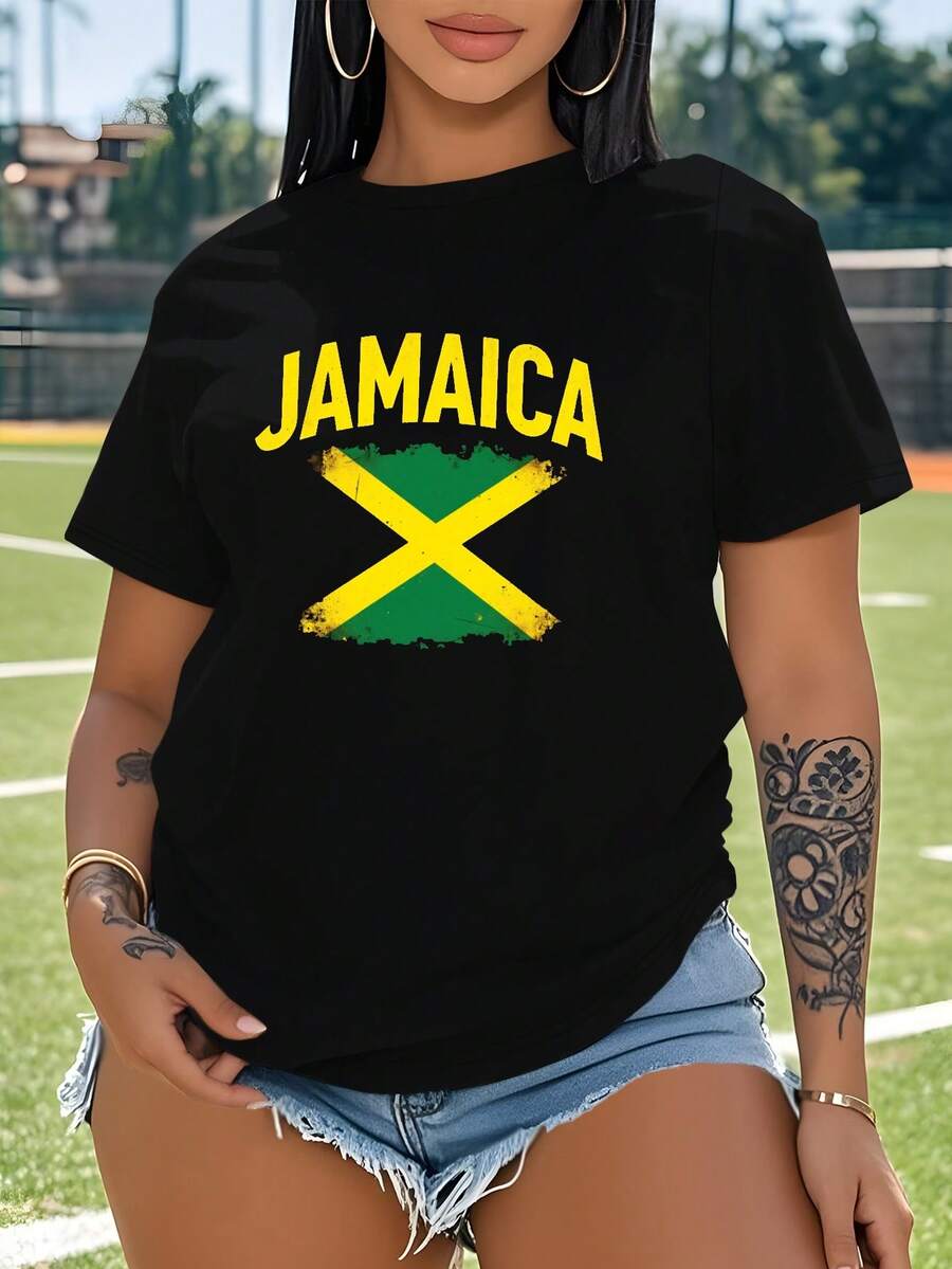 Flag JAMAICA  Women's Plus Size Sports Short Sleeve Casual T-Shirt - 黑色 - 查看 1