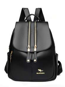 奢华女士真皮背包，适合女孩的休闲背包，黑色复古背包，适合女孩的书包 - 黑色 - 查看 4