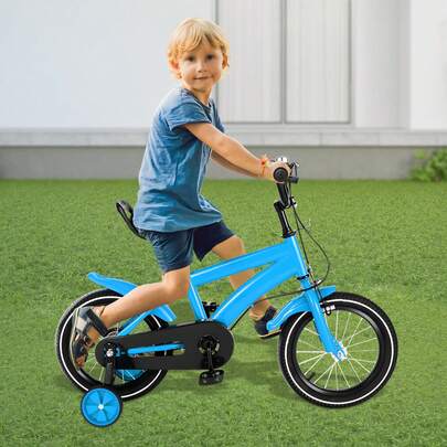 14 Inch Kids' Bike With Training Wheels – Adjustable Height (22"-26.3"), Carbon Steel Frame, Non-Slip Tires, Dual Brakes, Comfortable Saddle – Perfect For Children Ages 3-6 (27.1"-30.3" Handle Height)