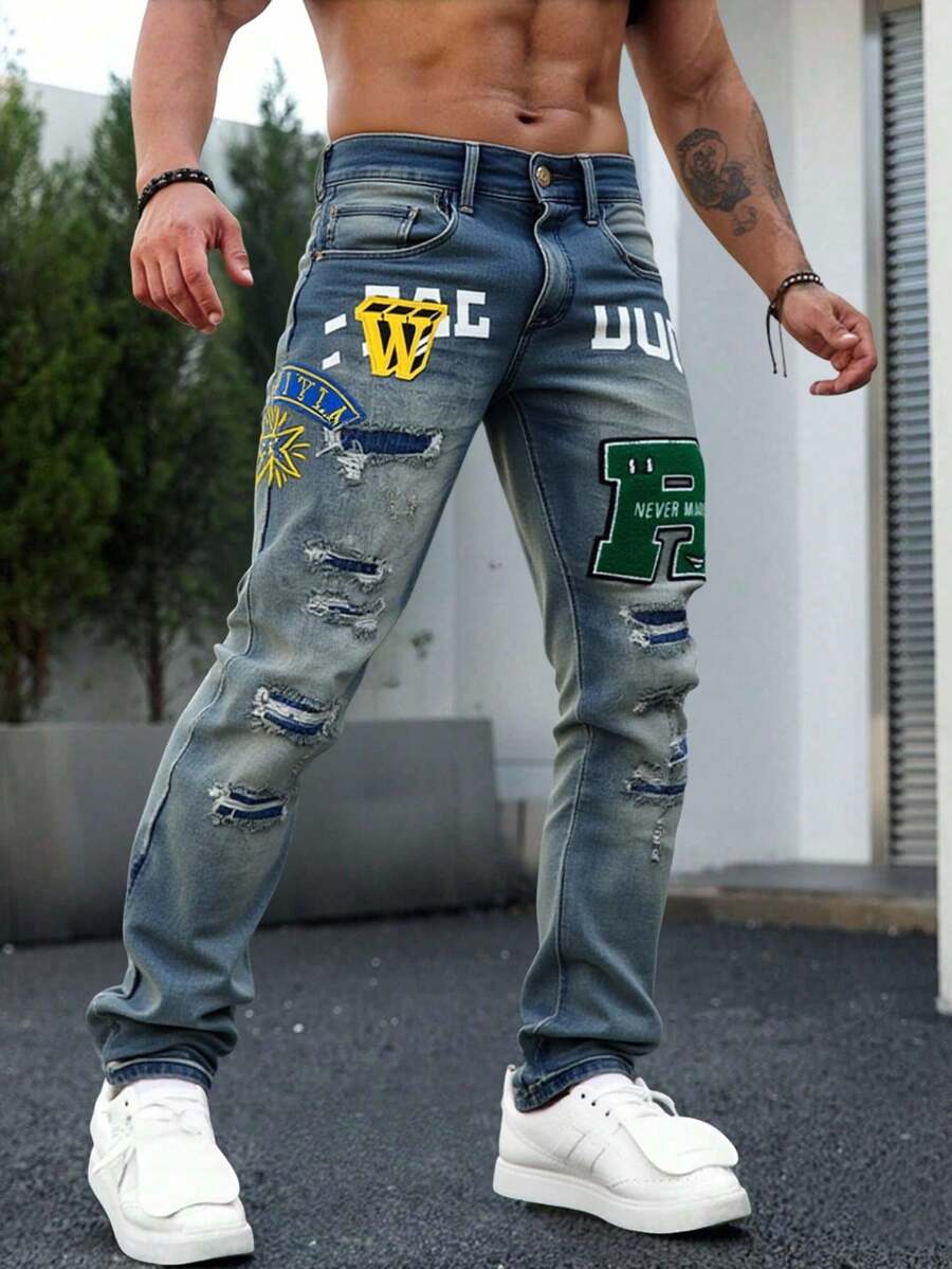 Logeqi® Jeans hombre lavados en azul rasgado con parches