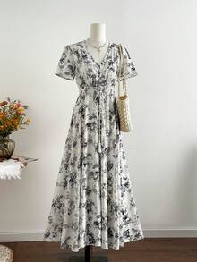 Rusttydustty 网络星期一 圣诞节 万圣节 新年 派对 女士碎花V领收腰休闲长裙 波西米亚风 复活节 海滩装扮 夏威夷 音乐节 热带假期 - 黑與白 - 查看 5