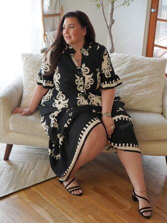 Truni Vestido largo y estampado con recortes para mujeres de talla grande