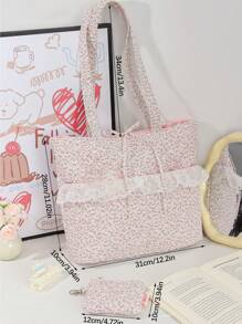 1 Bolso de hombro acolchado con monedero, Bolso de tote esponjoso con estampado floral menudo, Bolso de hombro con cremallera, Bolso corto de viaje, Bolso rosa de viaje, Bolsa de compras, Accesorio de bolso, Para viajes, trabajo y compras