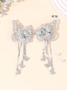 Set de 4 pinzas para el cabello con mariposas de purpurina para niñas, clips de cocodrilo con flores brillantes y purpurina en color plateado/dorado, con mariposas, lentejuelas y borlas, accesorios para el cabello con brillo para fiestas, vacaciones y adolescentes