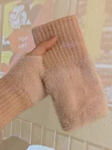 1 Paar einfache Plüsch-Patchwork-Strickhandschuhe, stilvolle, elegante, weiche und warme fingerlose Handschuhe für Herbst und Winter, kältebeständig, mit elastischem Handgelenk