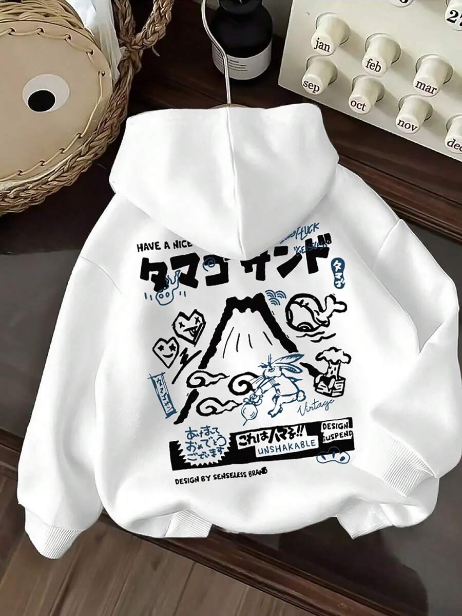 男士秋冬时尚字母、卡通火山猫和鲸鱼图案加厚面料长袖连帽卫衣 - 白色 - 查看 1
