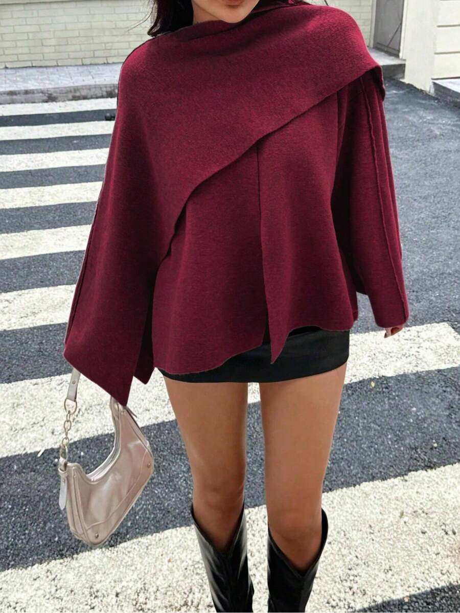 DEEKA Herbst/Winter neue lässige Schal-Poncho-Stil Rundhals Langarm kurze gestrickte Strickjacke - Bordeaux - Übersicht 1