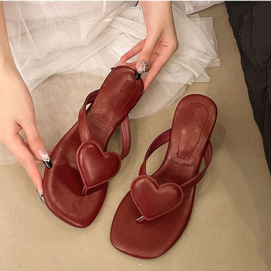 Red Heart-Shaped High Heels Wedge Sandals, Women's Flip-Flops, Elegant Outdoor Sandals Sweet