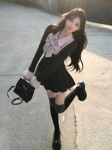 1 件优雅时尚腰部收紧撞色蝴蝶结褶皱迷你连衣裙，适合节日、派对、表演、女孩团体舞台装、摄影工作室万圣节 - 彩色 - 查看 6