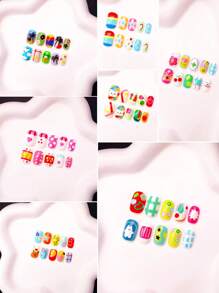 NAIO 288pcs/Set (12 Mixed) Short Square Round Colorful Cute Cartoon Pattern Nails Lovely 3d Press-On Nails Perfect Fit Acrylic False Nails Set, Children's Nail Stickers Full Coverage False Nail Stickers Press-On Nails With Storage Box, Nail Art For Girls And Children Daily Wear And Family Gatherings, Pink Girl Style