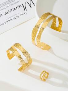1 Set Women Gold Jewelry Set Including 1 Metal Textured Double-Layer Vintage Hammered Open Cuff Bracelet, 1 Bracelet, 1 Ring