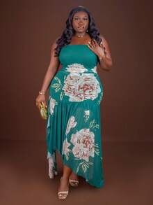 CurvyTilda 大码针织网眼褶饰抹胸连衣裙