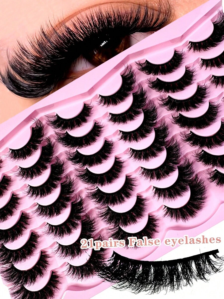 LYBCG New 21Pairs 3D Mink Lashes Soft Comfortable False Eyelashes Cat Eye Fluffy Faux Mink Lashes Wispy Lashes Dramatic Long Thick Volume Mink False Eyelashes Makeup For Daily Date Party Cosplay - 濃密款 - 查看 1
