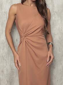 Vestido longo elegante transpassado com nó fenda atras  Simples    Torcido  Amarrar    Casamento
