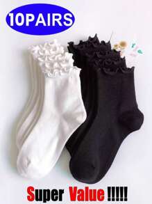 10 pares de meias femininas casuais de cano médio, pretas e brancas, com estampa de fungo, cor sólida, elegantes, versáteis e confortáveis, adequadas para uso diário durante todo o ano