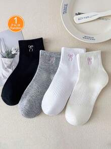 4 Pairs Women Plain Simple Embroidery Bow Socks, With Gripper, Moisture Wicking Mid-Calf Socks, Suitable For Daily Wear, Office, Casual, Sports, All Seasons - Multicolor - View 8