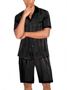 Men Satin Silk Set With Pockets Sleepwear Shorts Satin Summer Loungewear 2 Piece Button Down Set S-3XL - 條紋黑色 - 查看 4