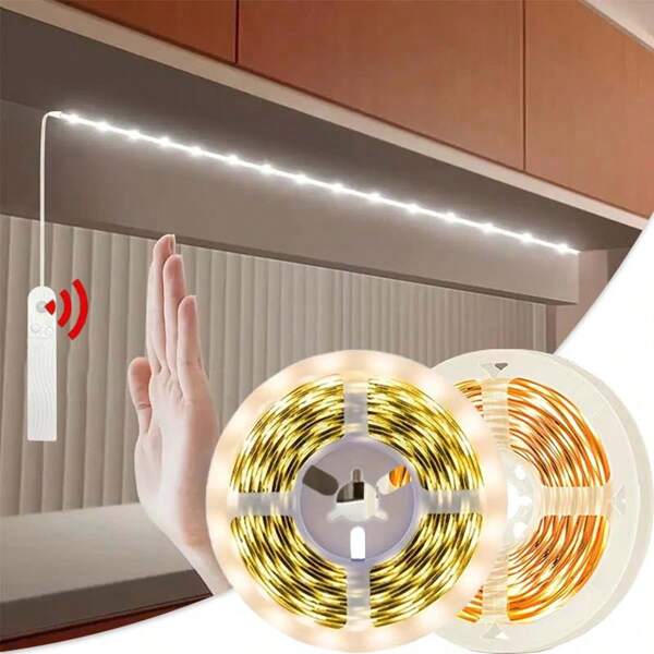 1 pièce Bande lumineuse LED, détecteur de mouvement, alimentée par batterie, alimentée par USB, lumière blanche éteinte/chaude, alimentée par batterie, convient pour le lit, l'armoire, les escaliers (batterie non incluse)