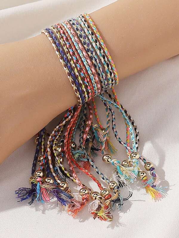 Set de 12 piezas de brazaletes y tobillos trenzados multicapa y coloridos con estilo bohemio para niños y niñas