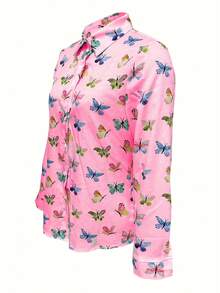 Camisa elegante de manga larga con estampado de mariposas para mujer,Camisas de mujer,Top informal de manga larga con botones - Rosa - Ver 3