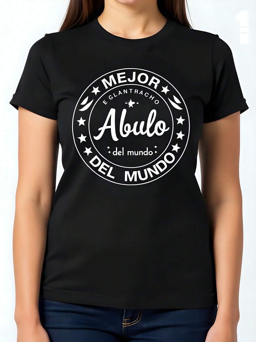 Camiseta femenina de 180g negra de algodón, cuello redondo, manga corta con estampado "Mejor Abulo del Mundo", diseño gráfico divertido, regalo original para abuelos, ropa casual, estilo moderno, cómoda y ligera para uso diario. - Negro - Ver 1