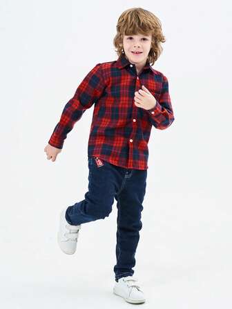 Tween Boy Autumn And Winter Plaid Long Sleeve Shirt/College Style/Christmas Red Shirt