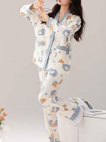 女士V领睡衣套装（两件套），长袖上衣和长裤，柔软舒适，适合春秋季和秋冬季穿着。