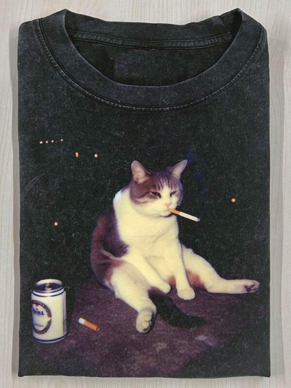 230g Washed Cat Print T-Shirt For Drinking And Relieving Worries, High-Quality Wax Printed Cotton Retro Fashion Brand T-Shirt, Men's T-Shirt, Summer T-Shirt, Holiday Gift, Perfect Gift