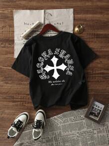 Women's Slogan & Cross Print Crew Neck Drop Shoulder Loose Casual T-Shirt, Summer