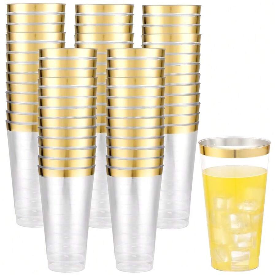 Liyh 100 Pcs Gold Plastic Cups - 16 Oz Clear And Gold Rim Plastic Wine Cups, Big Size Fancy Disposable Party Cup Beverage - Multicolor - View 1