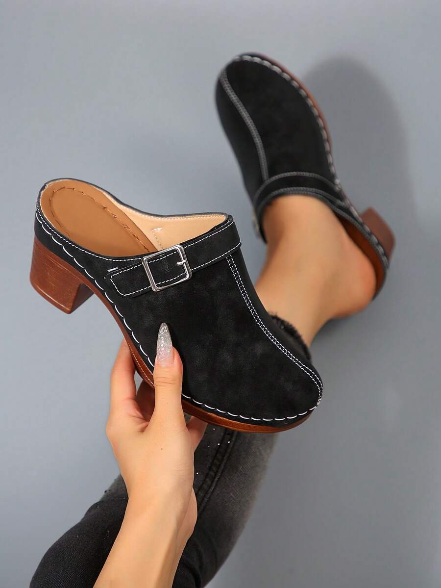 Pantofi sport pentru femei, model sabot: design cu toc gros, ținută casual perfectă pentru blugi/fuste, cataramă boemă elegantă - Negru - Vizualizare 1