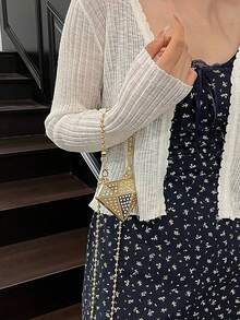 女士迷你小包，时尚高颜值单肩零钱包，甜美酷炫华丽链条斜挎包，钻石镶嵌几何包，适合宴会和户外派对 - 金色 - 查看 4