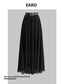 女士雪纺百褶裙，优雅修身，百搭 - 黑色 - 查看 1