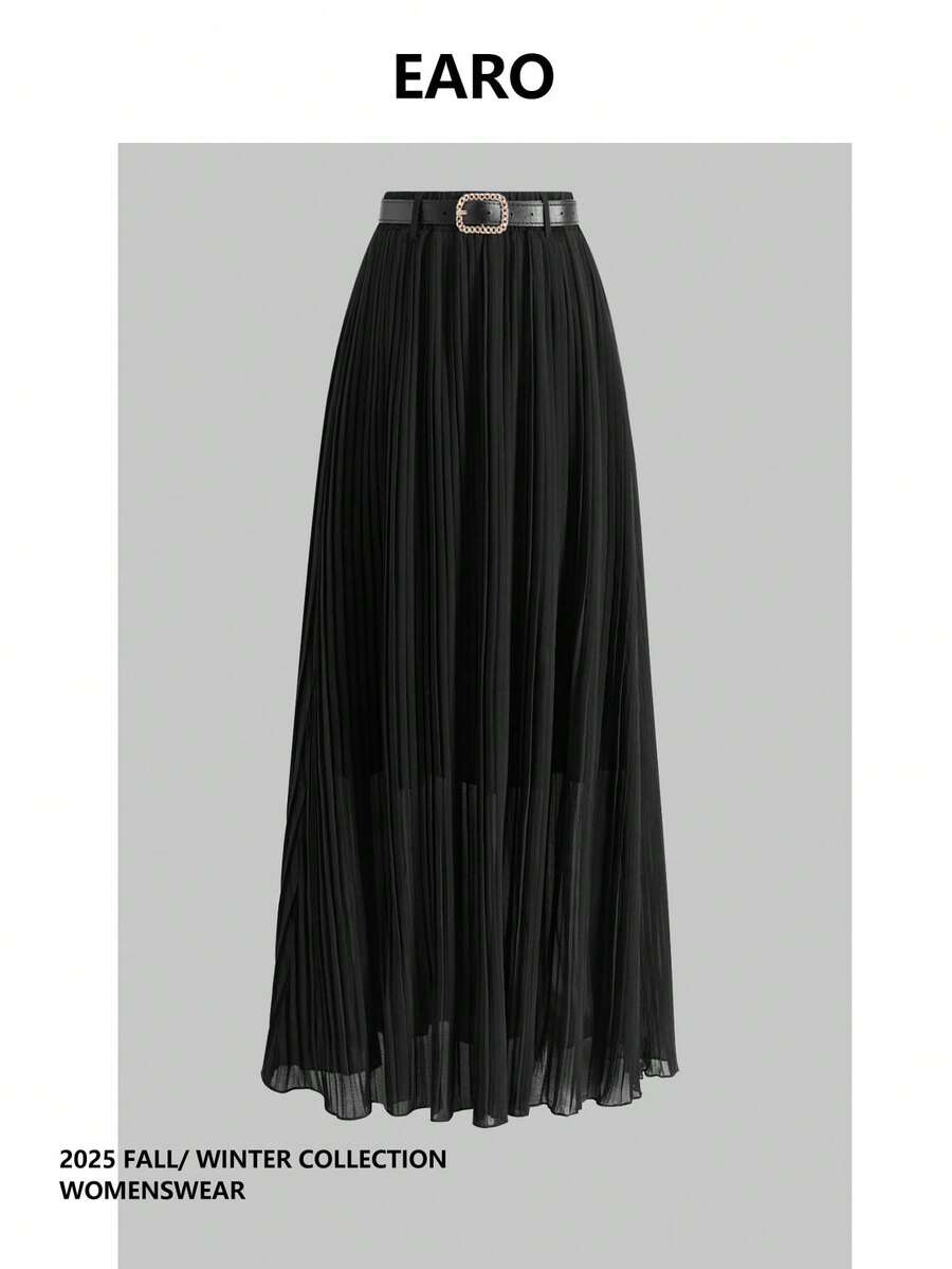 女士雪纺百褶裙，优雅修身，百搭 - 黑色 - 查看 1