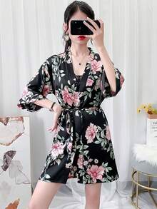 Silky Floral Print Short Sleeve Robe For Women, Sexy Lightweight Ankle Length Robe Suitable For Loungewear And Outerwear - Multicolor - View 8