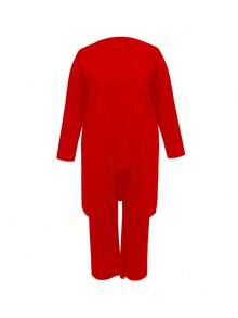 New Summer Women's Casual Three-Piece Suit, Sleeveless Vest And Long-Sleeved Open-Front Jacket And Loose Wide-Leg Pants, Suitable For Leisure And Going Out - Đỏ - Xem 4