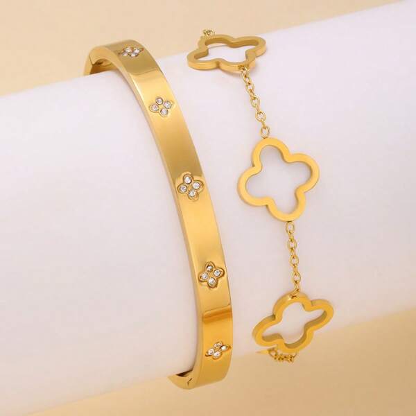 2pcs Stainless Steel Oxidized Zirconia Flower Jewelry Bracelet Set, 18K Gold Plated Stainless Steel Lucky 4-Leaf Clover Bracelet, Micro-Inlaid Zirconia, Suitable For Women Party, Daily Wear, European & American Style, Personalized, Generous, Wedding Jewelry Set, Gift For Girls, Women, Relatives, Friends, Elegant Wedding, Birthday, Valentine's Day, Mother, Mother's Day