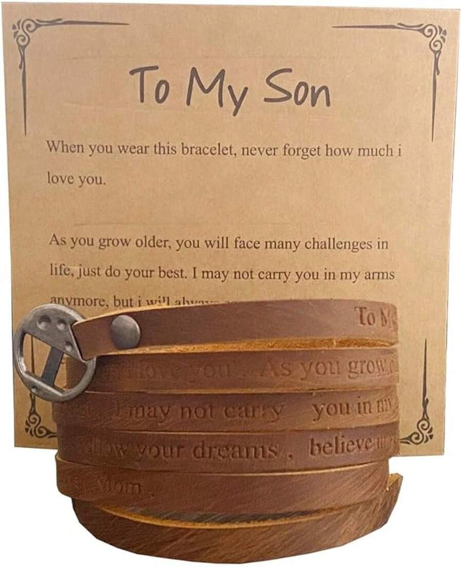 Rantanto Genuine Leather Wrap Bracelets Western Stackable Cuff Adjustable Boho Layered Bracelet Jewelry Men Women - 布朗-致我的兒子 - 查看 1