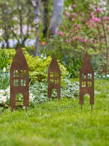 [Rustic Style] 3pcs Rural Metal Castle Garden Stakes - Retro-Style Outdoor, Courtyard And Balcony Decorations, No Electricity Or Batteries Required, Perfect For Halloween And Family-Themed Spaces, Metal Garden Art