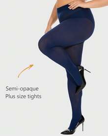 Plus Size Tights For Women, Ultra Soft Solid Color Semi-Opaque Pantyhose, Nylon High Waist Stockings 1X 2X 3X 4X - Xanh nước biển - Xem 2
