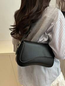 1件简约纯色翻盖单肩包，经典纹理斜挎包，女士手提包